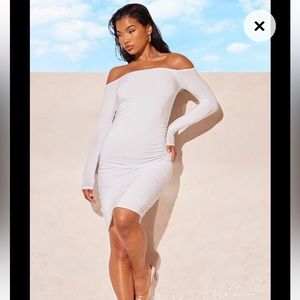 NWT- Pretty Little Thing White Bardot Ruched Bodycon Dress Size: 2